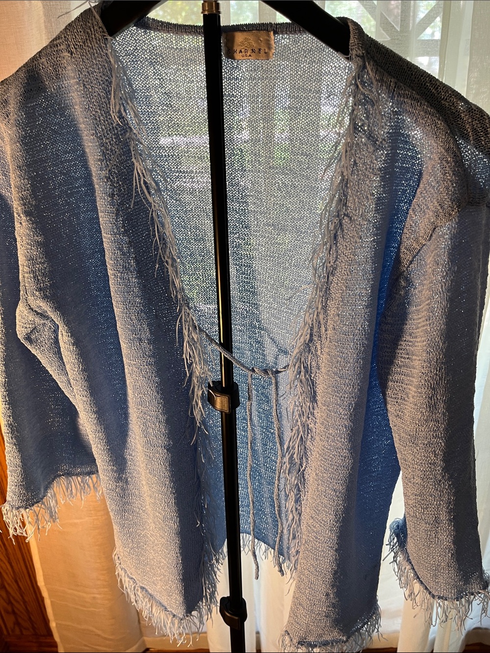 Light Blue Open Knit Fringe Women's Sweater